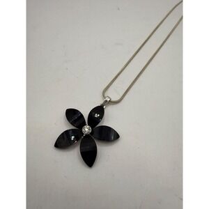Black Enamel Flower Pendant Necklace – Silver Tone Chain with Rhinestone Center